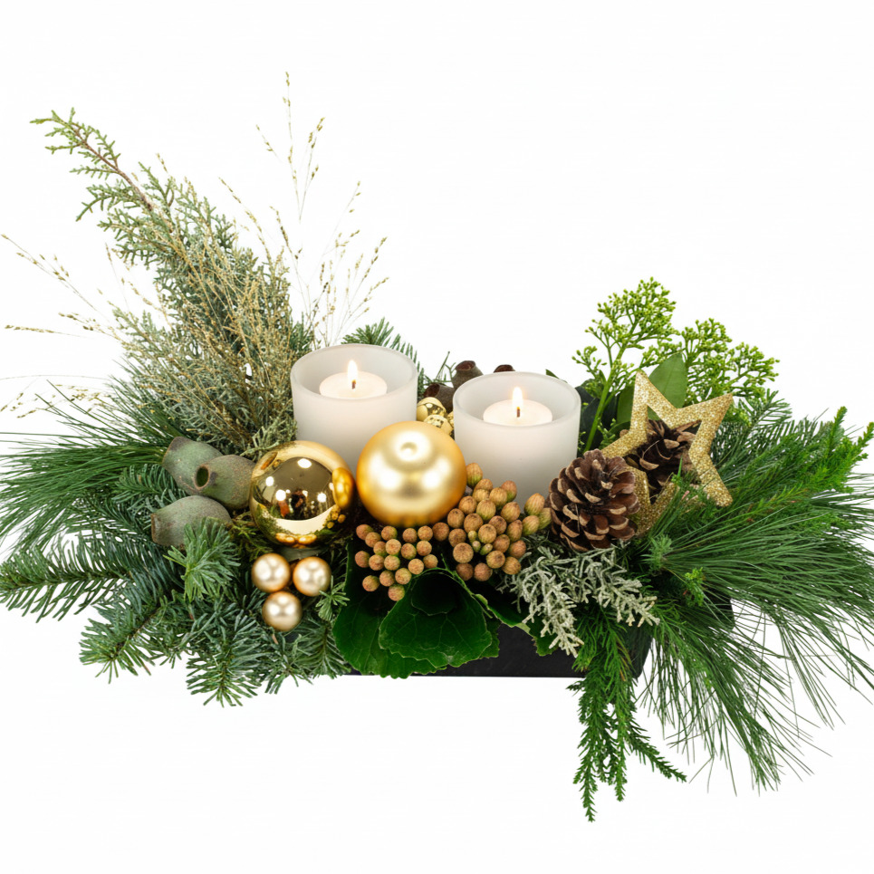 Kerststuk Candlelight: goud