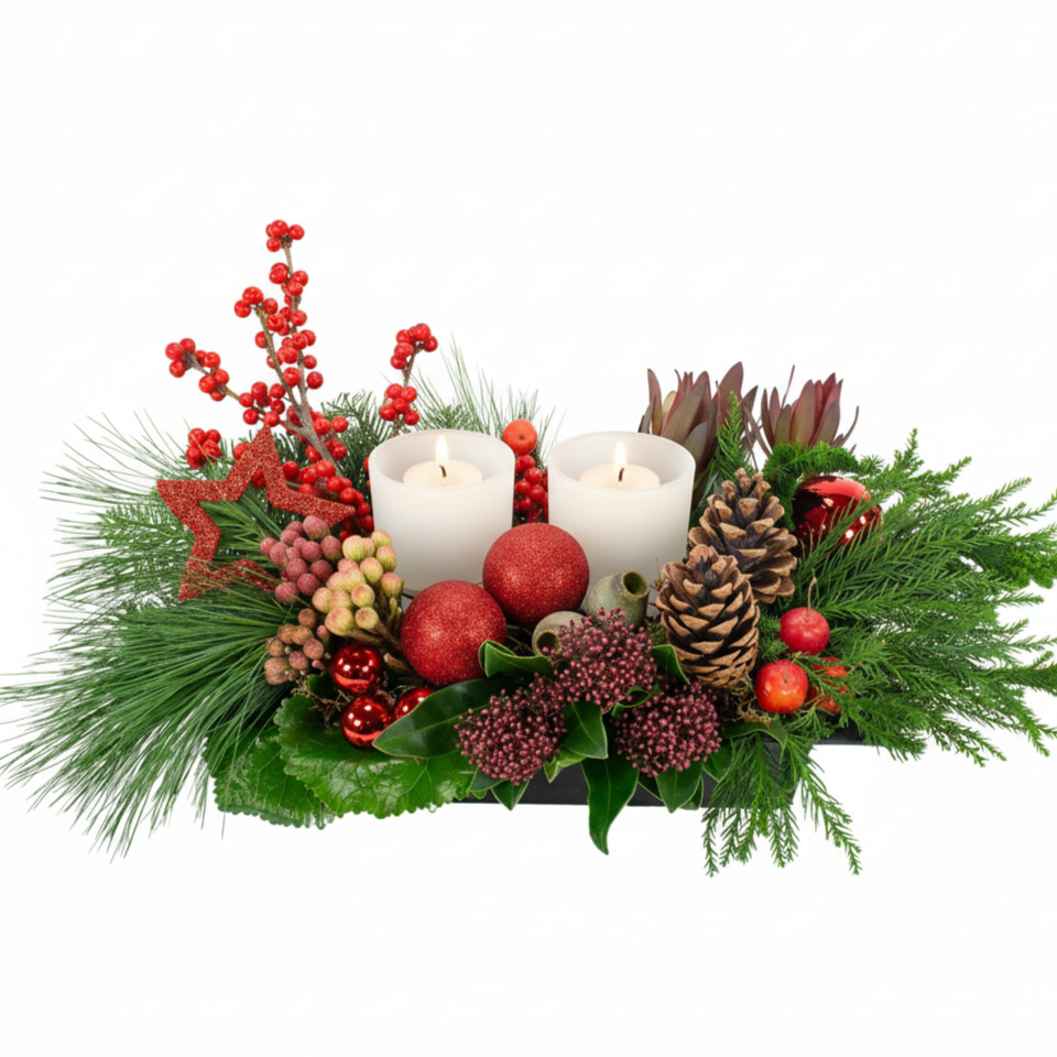 Kerststuk Candlelight: rood